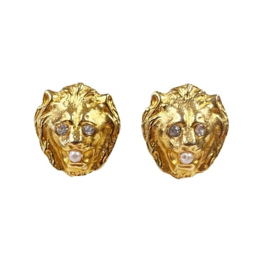 Averil 1980s Vintage Lion Head Figural Gold-Tone Clip-On Earrings 