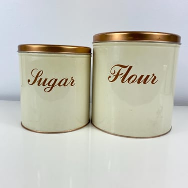 Gold Farmhouse Vintage Tin Canisters, Set of 2 Flour & Sugar, Made in the USA, Vintage Farmhouse Decor, Retro Canister Set, Kitchen Storage 