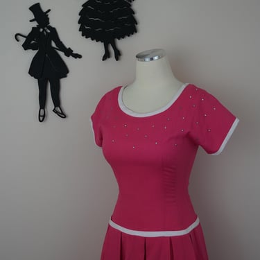 Vintage 1950's Bright Pink Linen Dress / 50s Rhinestone Drop Waist Day Dress XS/S 