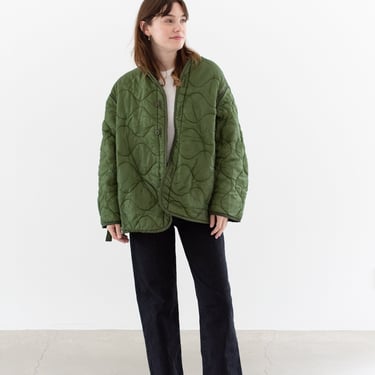 Vintage Green Liner Jacket | Unisex Wavy Quilted Nylon Coat | L XL | LI182 