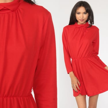 70s Mini Dress Plain Red Long Sleeve Mock Neck Dress 80s High Waist Dress Plain Simple Day Dress Casual Dress Vintage Boho Small Medium 