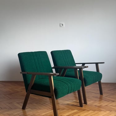 1 of 3 Antique Wooden Armchair / Mid Century Green Accent Chair / Upholstered Lounge Chair / Yugoslavia / 1960s 