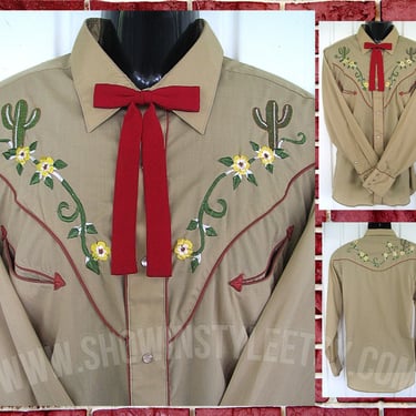Levi's Vintage Western Men's Cowboy Shirt, Rodeo Shirt, Beige with Bold Cactus & Floral Embroidery, Approx. Medium (see meas. photo) 