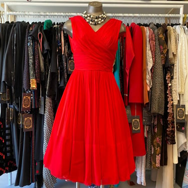 vintage 1950s red silk chiffon party dress, fit and flare, jr theme, rockabilly 