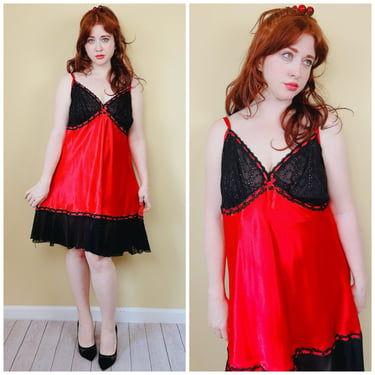 Y2K Cacique Polyester Eyelet Nightgown / Vintage Chiffon Red and Black Babydoll Slip / Size 18/20 