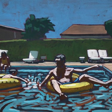 Pool #101 - Original Acrylic Painting on Canvas 24 x 18, man, swimming, outside, summer, michael van, water, backyard, father, son, family 