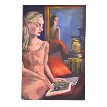 Woman Reading Book Reflected in Mirror Oil Painting Lenell Chicago Artist 