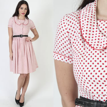Mid Century White Polka Dot Dress / Red Spotted Full Skirt Frock / Vintage 50s Pin Up Bombshell Mini 