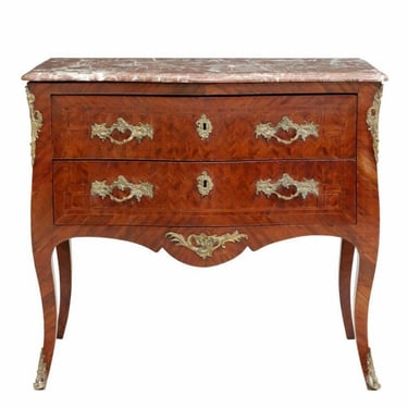 Antique French Louis XV Style Gilt Bronze Mounted Kingwood Parquetry Rouge Marble-Top Chest Of Drawers Commode Sauteuse 