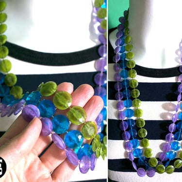 Gorgeous Chunky Vintage 60s 70s 80s Blue Green Purple Clear Faceted Beaded 3-Strand Statement Necklace 