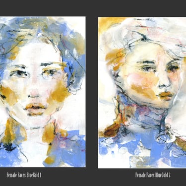 Original Mixed Media Painting Woman - 5x7 on canvas - Original Art Blue Gold - Expressive Kunst Art - Ready to Frame - Female Portrait Art 