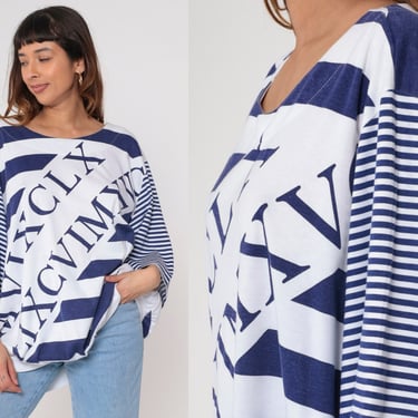 Roman Numerals Shirt 80s Alphabet Top Banded Hem Top Graphic Tee 3/4 Sleeve Casual Blouse White Blue Striped Vintage 1980s 44/24W Plus Size 