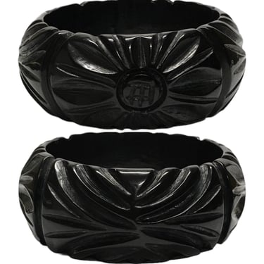 Vtg Vintage 1960s 60s Rare OOAK Etched Floral Black Bakelite Bangle Bracelet 