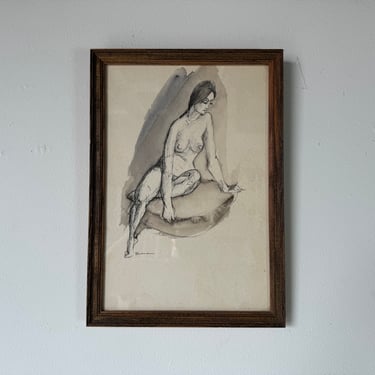 Marcel Julien Baron (France, 1872-1956)  Sitting Nude woman, Ink Drawing, Framed 