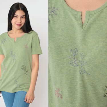 Y2K Leaf Print T-Shirt Embroidered Green Top Split Neck Short Sleeve Vintage 2000s Nature Tee 00s Short Sleeve Small S 