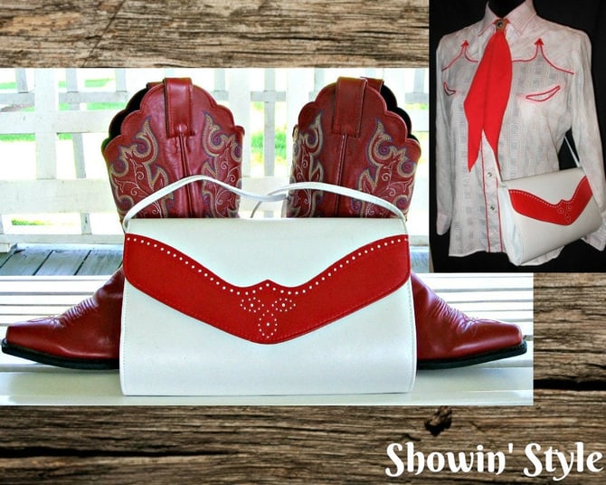 Leather Cowgirl Purse, Vintage Western Shoulder Bag, Hand Bag, Clutch, Cross Body with Red Yoked Trim., Medium Size 