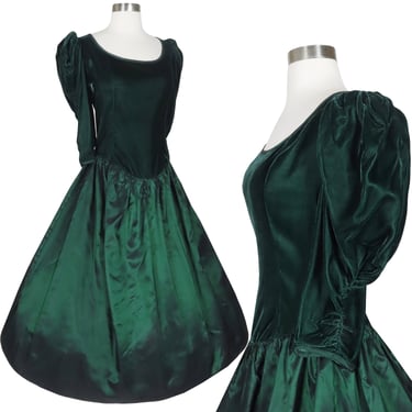 Vintage 80s Green Velvet Half Puff Sleeve Taffeta Full Skirt Prom Party Dress S Small Dance Queen Princess Formal Womens Costume Emerald 