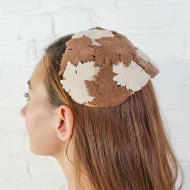 1950s Brown Leaf Fascinator Hat | 50s Brown & Beige Felt Leaves Fascinator 