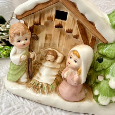 Musical Nativity, Ceramic Pottery Creche, Candle Holder, Vintage Holiday Decor 