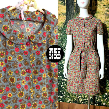 Cute Comfy Vintage Early 60s Dusty Light Blue Red Brown Yellow Floral Day Dress with Peter Pan Collar and Pockets 