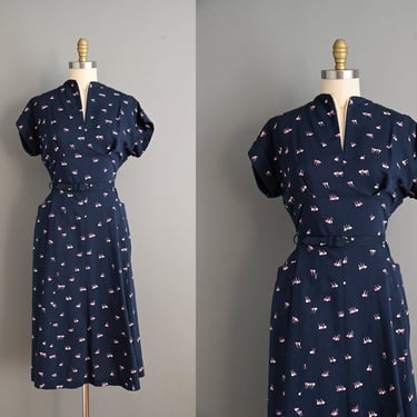vintage 1950s Navy Blue Pink & White Print Dress - Large 