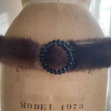 Vintage 1950’s genuine mink fur belt with glass rhinestone buckle | luxury winter glamour, soft & supple fur coat belt 