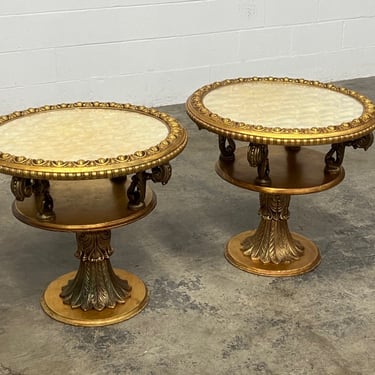 Hollywood Regency Gold Pedestal Accent Table / End Table ~ A Pair 