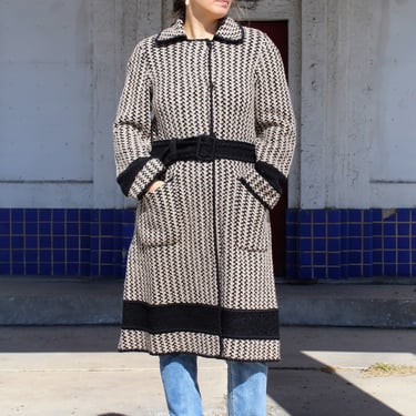 Missoni Vintage, 1980s Reversible Knit Coat, black tan gray wool knit, crochet insets, size 46 Women 