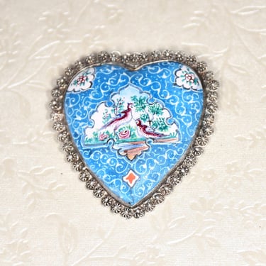 Persian Antique Enamel In Silver Setting Heart Shape Brooch C-Clasp Pin Hand Painted Birds Shades of Beautiful Blues Circa 1930 Gift for Her 