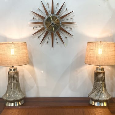 Pair of Gray Swirl Glass Lamps w/ Lit Bases & Jute Shades
