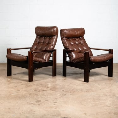 Mid Century Danish Modern Lounge Chair Set Recliner Brown Leather Black Oak Two