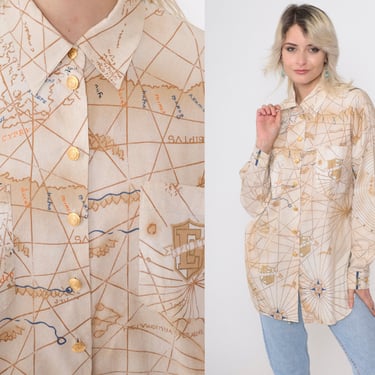 Nautical Map Shirt 90s Button Up Top Maritime Compass Rose Print Retro Long Sleeve Collared Blouse Antique Sailor Vintage 1990s Large L 