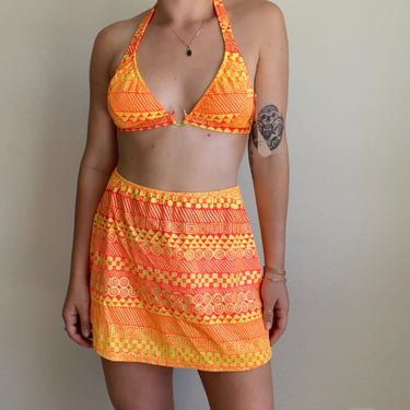 Vintage 90s NWT Venus Womens Orange Sexy High Cut Bikini Set and Skirt Sz L 