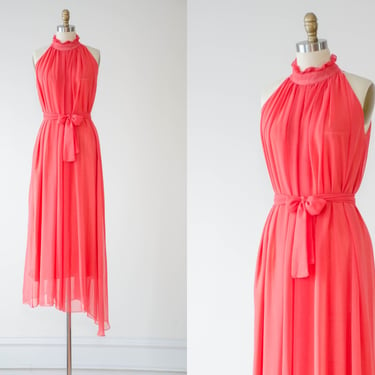 pink chiffon dress | vintage coral pink red orange sheer chiffon high collar flowy trapeze goddess full floor length party dress gown 