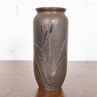 Heintz Arts &#038; Crafts Sterling Silver on Bronze Vase With Cattail Motif