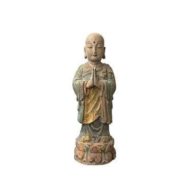 Chinese Rustic Wood Standing Prayer Hands Lohon Monk Statue ws4166E 