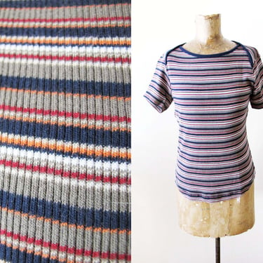 Vintage 90s Striped Ribbed Knit Shirt S M - 1990s Multicolor Green Red Blue Grunge T Shirt 
