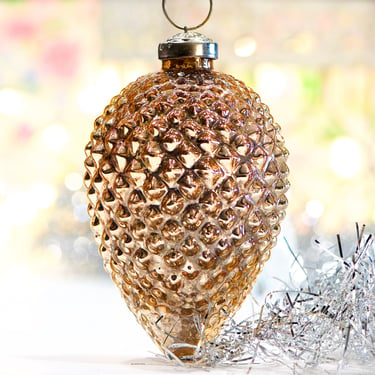 VINTAGE: 4.5" Thick Textured Light Brown Glass Ornament - Kugel Style Ornament - SKU 30-406-00033422 