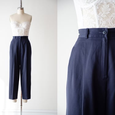 high waisted pants | 90s vintage Liz Claiborne navy wool gabardine dark academia pleated wool ankle trousers 