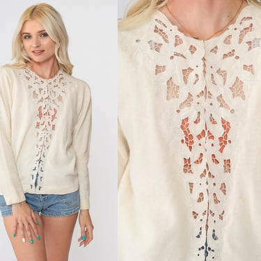 Cream Cutout Cardigan 80s Floral Embroidered Cutwork Cardigan Wool Angora Sweater Bohemian Hippie Cut Out Boho Vintage 1980s Small S 