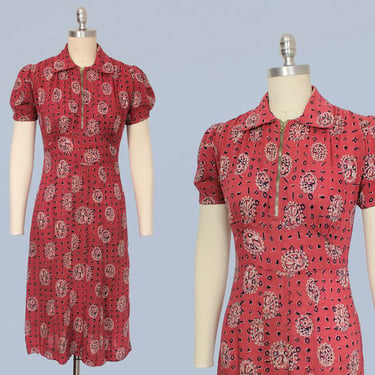 The Perfect 1930s Day Dress / Late 30s Flirty Bell Zip Dress / Flower Pot Print / Puffed Sleeves 