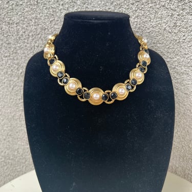 Vintage Givenchy 80s necklace chain gold tone faux pearl black crystal 