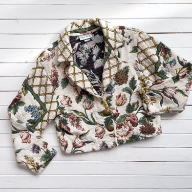 tapestry jacket 90s vintage Paco Soler cream floral tulip cottagecore cropped coat 