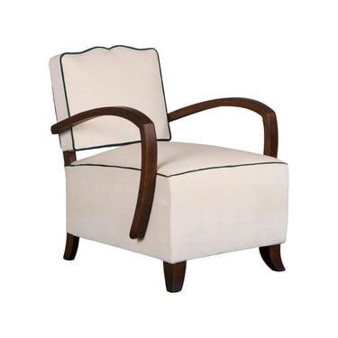 1930s French Art Deco Bridge Arms Maple Club Chair W/ Cream Velvet 