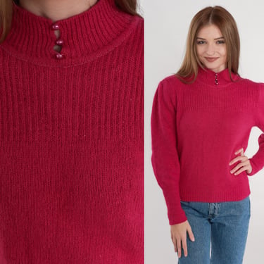 Deep Pink Sweater 80s Button Neck Knit Pullover Mock Neck Sweater Puff Sleeve Button Up Jumper Knitwear Silk Angora Vintage 1980s Medium M 