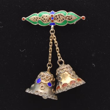 Antique gilded silver enamel bells pin, charming 1920's Portugal 833 silver c clasp brooch 