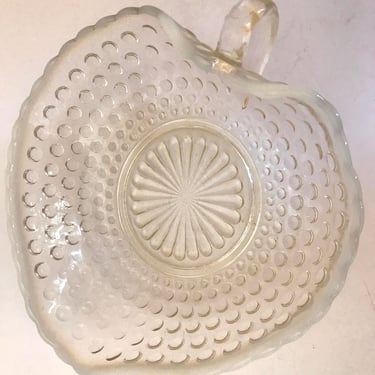 Vintage White Anchor Hocking Opalescent Moonstone Leaf Shaped Bowl- Appetizers  Candy Dish Hobnail 