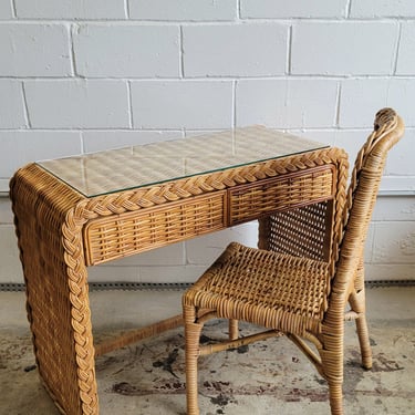 Vintage Rattan Waterfall Desk with Matching Chair