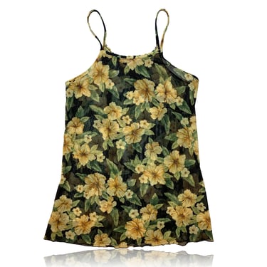 90s Black and Yellow Floral Transparent Mini Dress // Sia // Size 12 