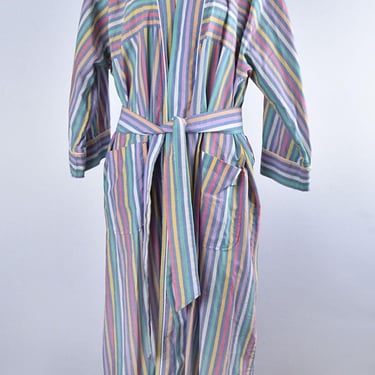 Christian DIOR Monsier Men's Long Robe 100% Cotton, Colorful Blue Stripes Vintage 1970's, 1980's, One Size, Designer Unisex Kimono 